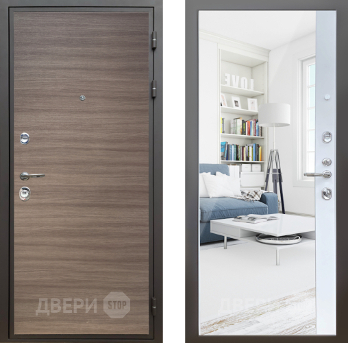 Входная металлическая Дверь Шелтер (SHELTER) Комфорт Дуб тоскано поперечный 14 с зеркалом Белый матовый в Старой Купавне