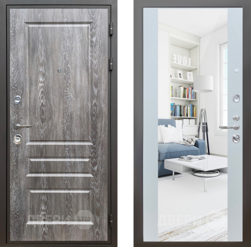 Входная металлическая Дверь Шелтер (SHELTER) Комфорт Дуб шале серебро 13 с зеркалом Белый матовый в Старой Купавне