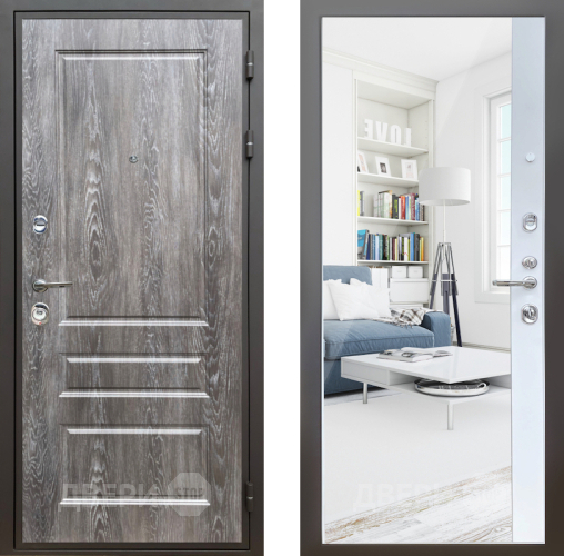 Входная металлическая Дверь Шелтер (SHELTER) Комфорт Дуб шале серебро 14 с зеркалом Белый матовый в Старой Купавне