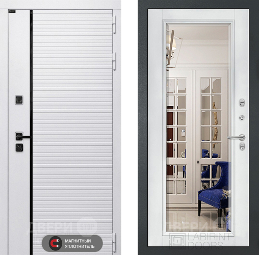 Входная металлическая Дверь Лабиринт (LABIRINT) Royal Зеркало Фацет с багетом Белый софт в Старой Купавне